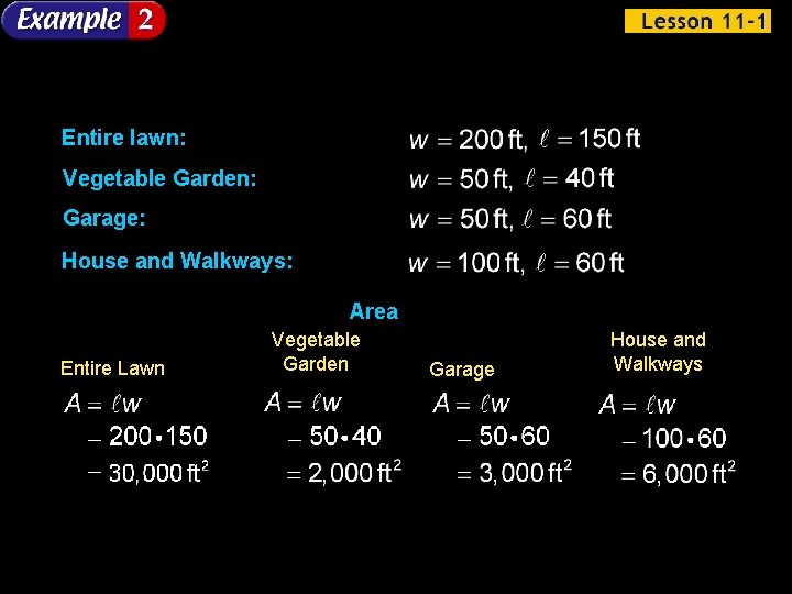 Entire lawn: Vegetable Garden: Garage: House and Walkways: Area Entire Lawn Vegetable Garden Garage
