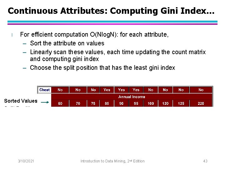 Continuous Attributes: Computing Gini Index. . . l For efficient computation O(Nlog. N): for