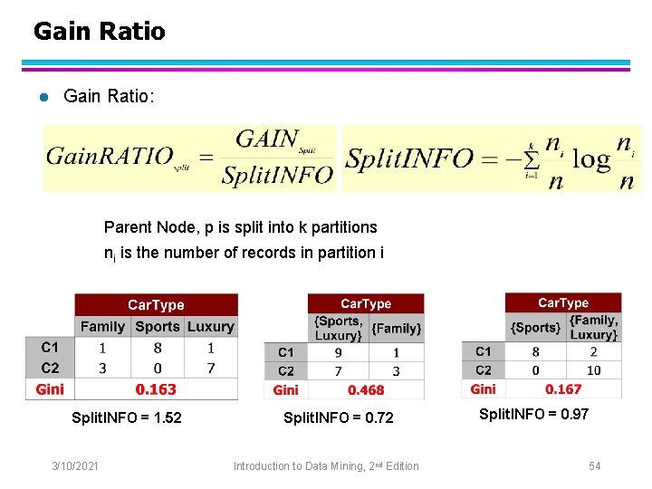 Gain Ratio l Gain Ratio: Parent Node, p is split into k partitions ni