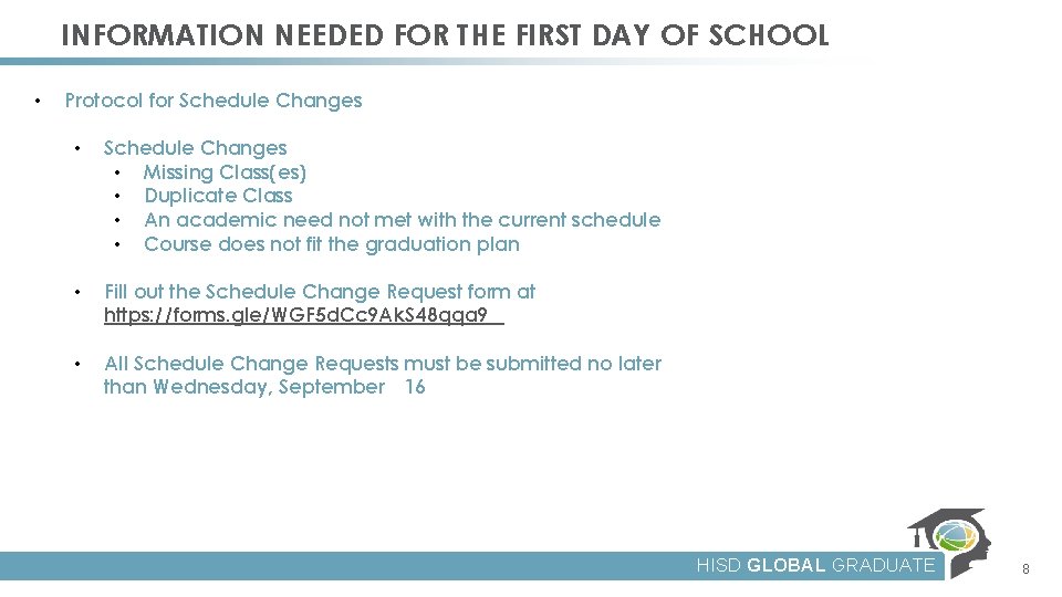 INFORMATION NEEDED FOR THE FIRST DAY OF SCHOOL • Protocol for Schedule Changes •