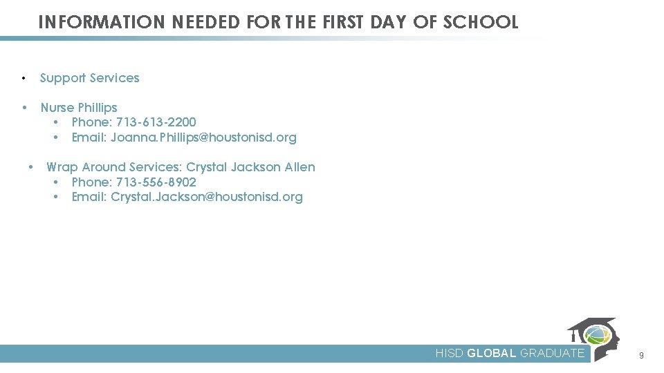 INFORMATION NEEDED FOR THE FIRST DAY OF SCHOOL • Support Services • Nurse Phillips