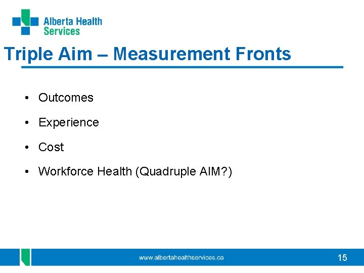 Triple Aim – Measurement Fronts • Outcomes • Experience • Cost • Workforce Health