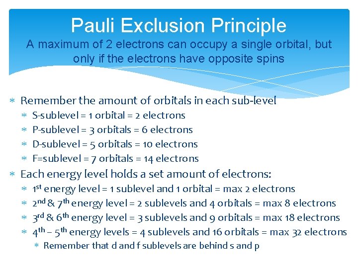 Pauli Exclusion Principle A maximum of 2 electrons can occupy a single orbital, but