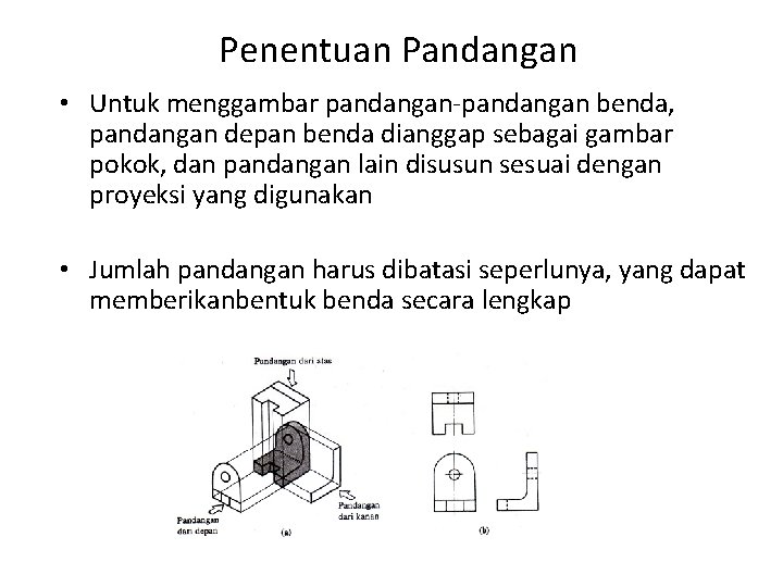 Penentuan Pandangan • Untuk menggambar pandangan-pandangan benda, pandangan depan benda dianggap sebagai gambar pokok,