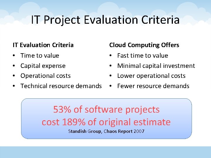 IT Project Evaluation Criteria IT Evaluation Criteria • • Time to value Capital expense