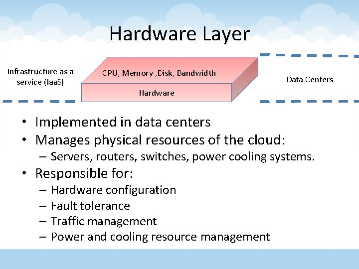 Hardware Layer Infrastructure as a service (Iaa. S) CPU, Memory , Disk, Bandwidth Data