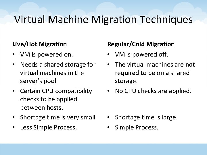 Virtual Machine Migration Techniques Live/Hot Migration Regular/Cold Migration • VM is powered on. •