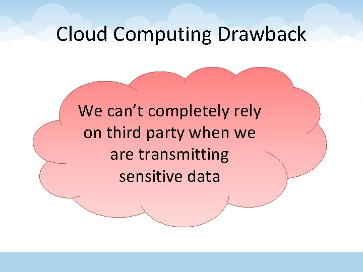 Cloud Computing Drawback We can’t completely rely on third party when we are transmitting