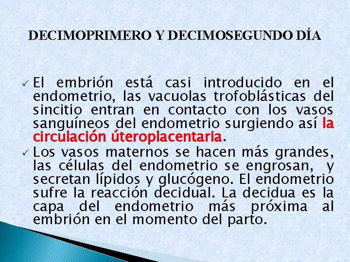 DECIMOPRIMERO Y DECIMOSEGUNDO DÍA El embrión está casi introducido en el endometrio, las vacuolas