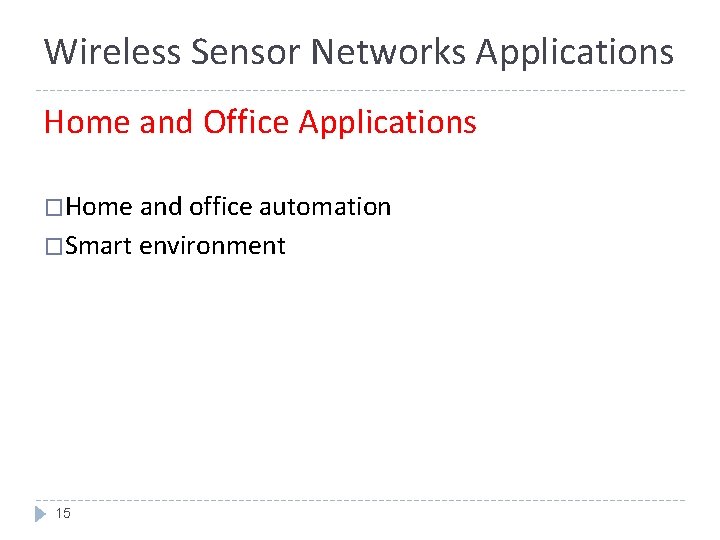 Wireless Sensor Networks Applications Home and Office Applications �Home and office automation �Smart environment