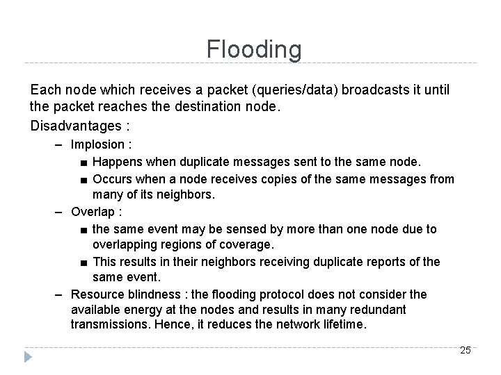 Flooding Each node which receives a packet (queries/data) broadcasts it until the packet reaches