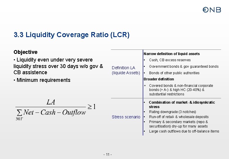 3. 3 Liquidity Coverage Ratio (LCR) Objective • Liquidity even under very severe liquidity