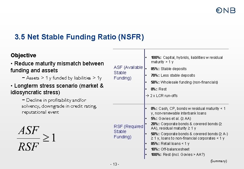 3. 5 Net Stable Funding Ratio (NSFR) Objective • Reduce maturity mismatch between funding