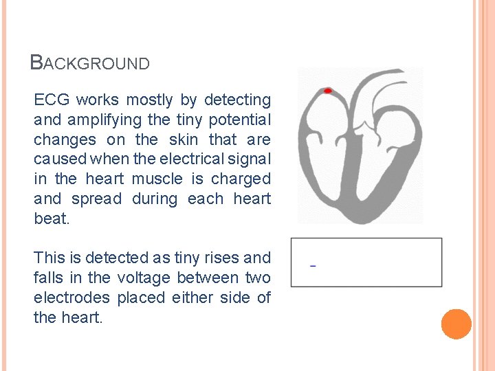 BACKGROUND ECG works mostly by detecting and amplifying the tiny potential changes on the
