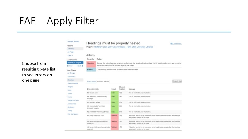 FAE – Apply Filter Choose from resulting page list to see errors on one