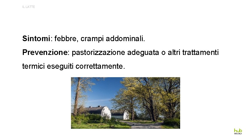 IL LATTE Sintomi: febbre, crampi addominali. Prevenzione: pastorizzazione adeguata o altri trattamenti termici eseguiti