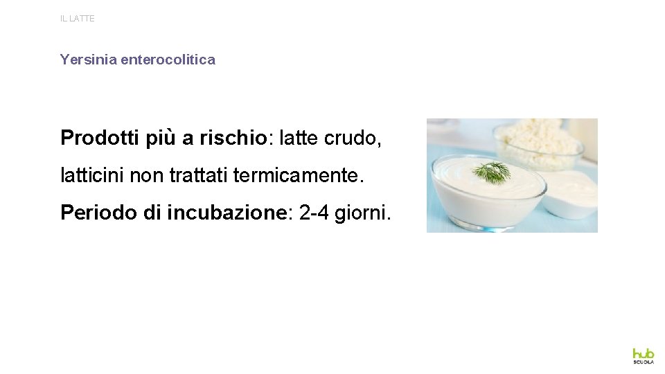 IL LATTE Yersinia enterocolitica Prodotti più a rischio: latte crudo, latticini non trattati termicamente.