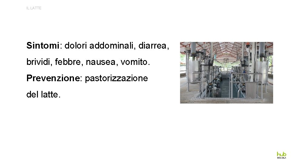 IL LATTE Sintomi: dolori addominali, diarrea, brividi, febbre, nausea, vomito. Prevenzione: pastorizzazione del latte.