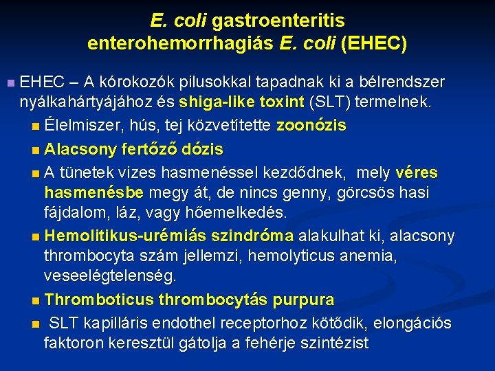 E. coli gastroenteritis enterohemorrhagiás E. coli (EHEC) n EHEC – A kórokozók pilusokkal tapadnak
