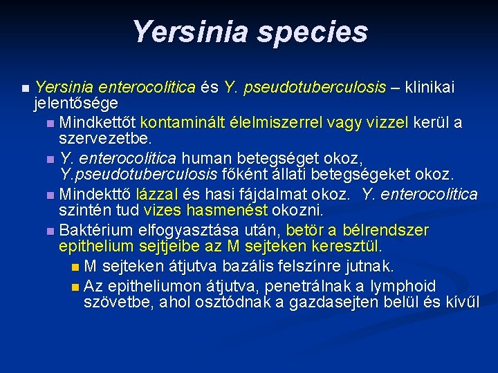 Yersinia species n Yersinia enterocolitica és Y. pseudotuberculosis – klinikai jelentősége n Mindkettőt kontaminált