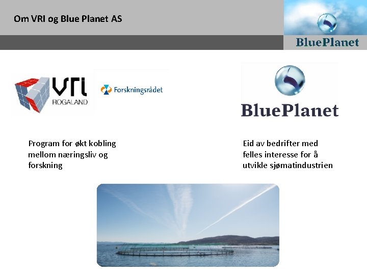 Om VRI og Blue Planet AS Program for økt kobling mellom næringsliv og forskning