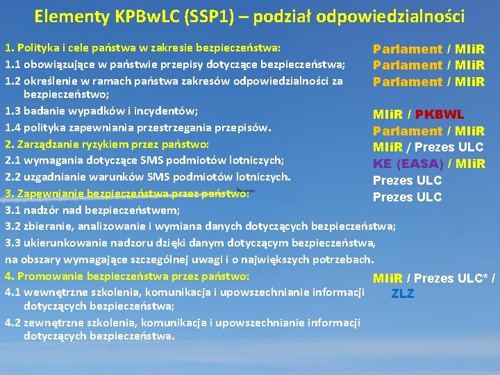 Elementy KPBw. LC (SSP 1) – podział odpowiedzialności 1. Polityka i cele państwa w