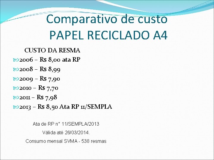 Comparativo de custo PAPEL RECICLADO A 4 CUSTO DA RESMA 2006 – R$ 8,