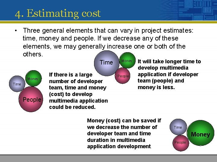 4. Estimating cost • Three general elements that can vary in project estimates: time,