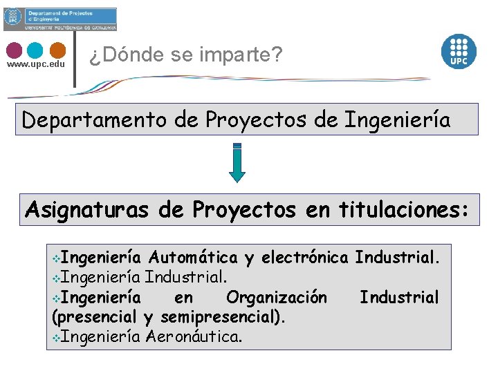 www. upc. edu ¿Dónde se imparte? Departamento de Proyectos de Ingeniería Asignaturas de Proyectos