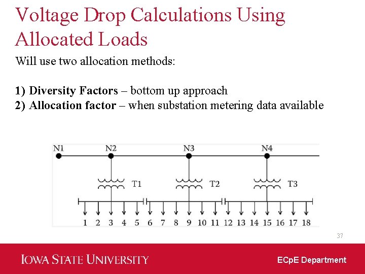 Voltage Drop Calculations Using Allocated Loads Will use two allocation methods: 1) Diversity Factors