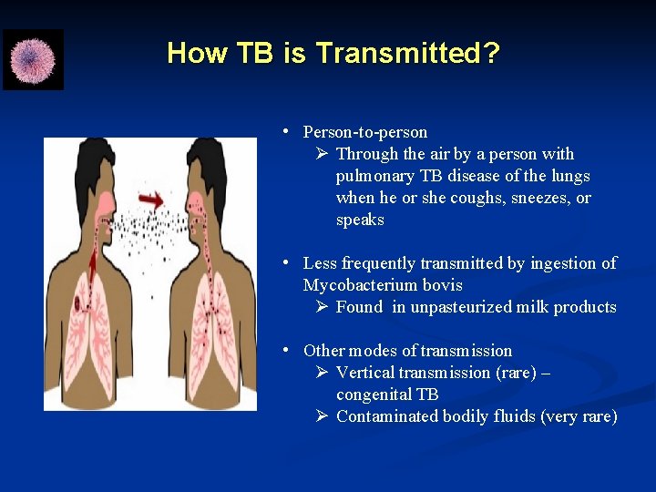 How TB is Transmitted? • Person-to-person Ø Through the air by a person with