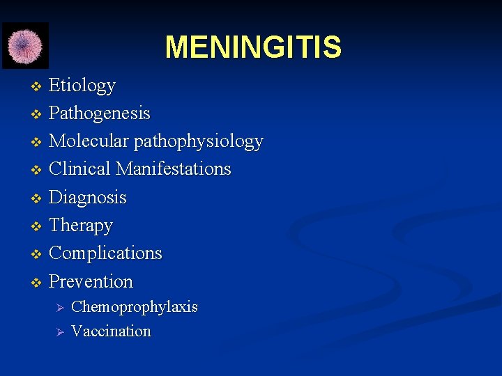 MENINGITIS Etiology v Pathogenesis v Molecular pathophysiology v Clinical Manifestations v Diagnosis v Therapy