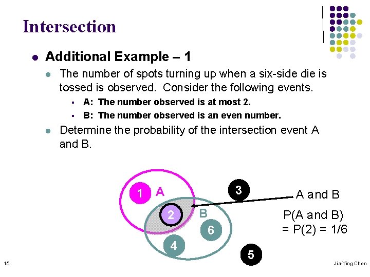 Intersection l Additional Example – 1 l The number of spots turning up when