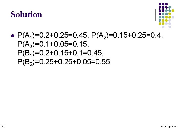 Solution l 21 P(A 1)=0. 2+0. 25=0. 45, P(A 2)=0. 15+0. 25=0. 4, P(A