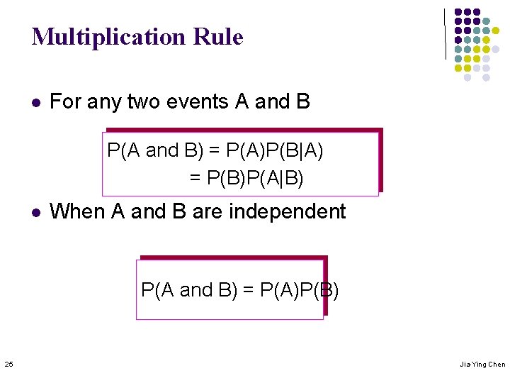 Multiplication Rule l For any two events A and B P(A and B) =