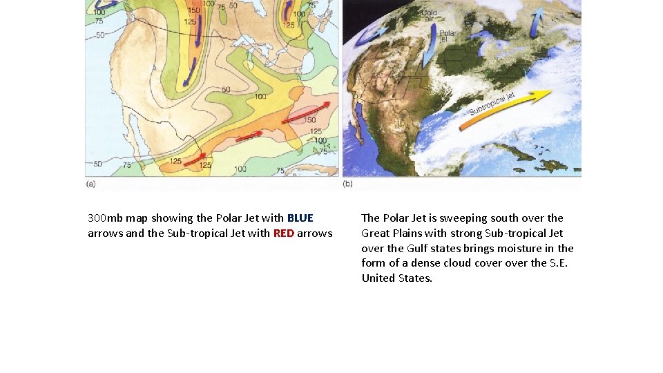 300 mb map showing the Polar Jet with BLUE arrows and the Sub-tropical Jet