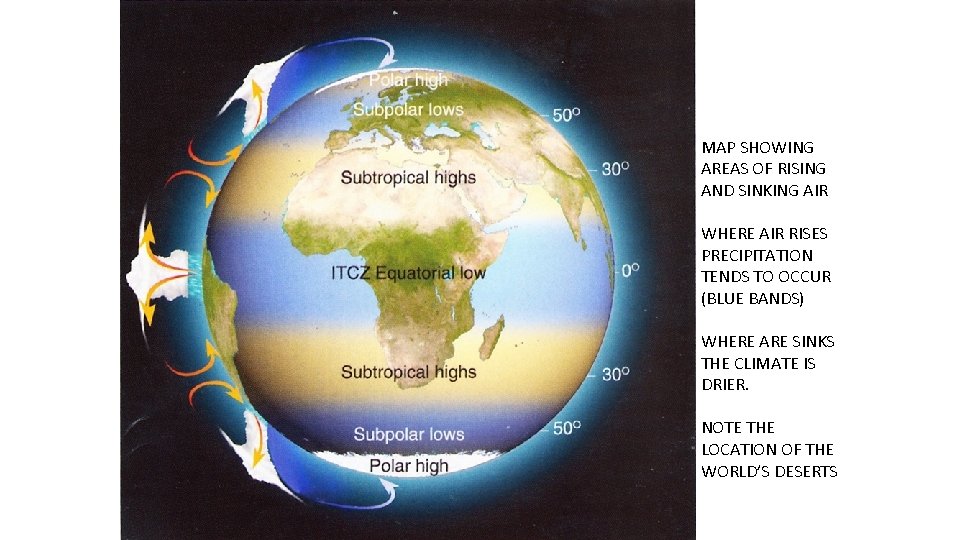 MAP SHOWING AREAS OF RISING AND SINKING AIR WHERE AIR RISES PRECIPITATION TENDS TO