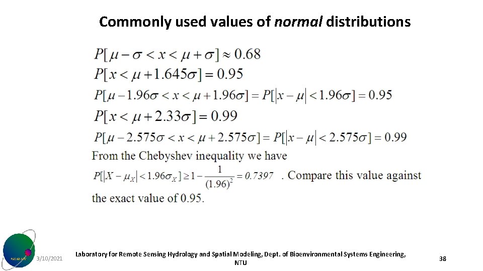 Commonly used values of normal distributions 3/10/2021 Laboratory for Remote Sensing Hydrology and Spatial