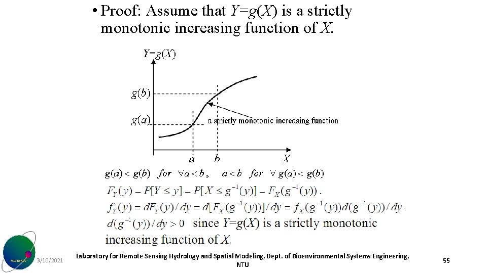  • Proof: Assume that Y=g(X) is a strictly monotonic increasing function of X.