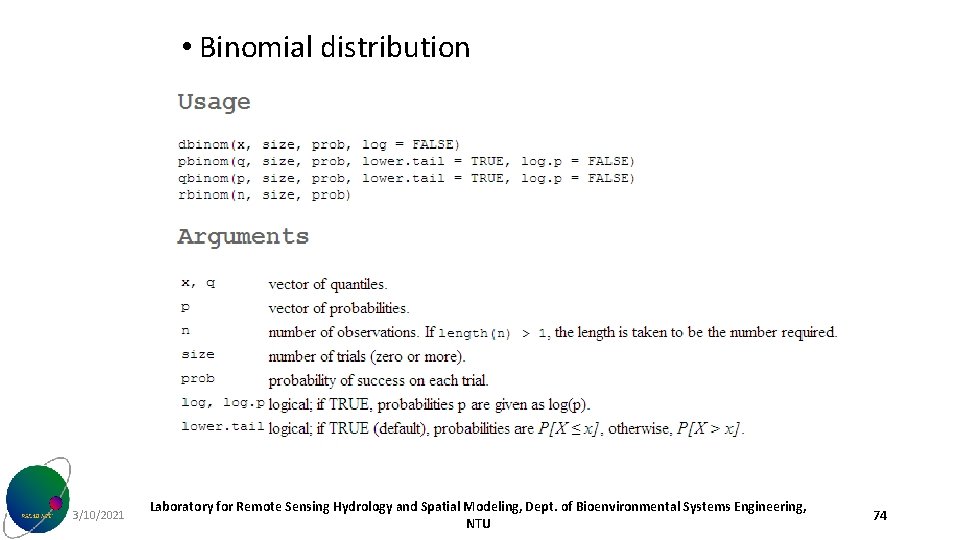  • Binomial distribution 3/10/2021 Laboratory for Remote Sensing Hydrology and Spatial Modeling, Dept.