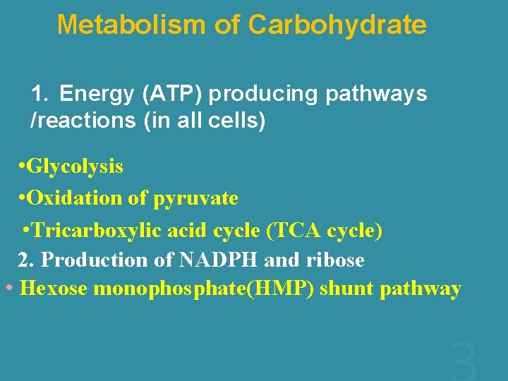 Metabolism of Carbohydrate 1. Energy (ATP) producing pathways /reactions (in all cells) • Glycolysis