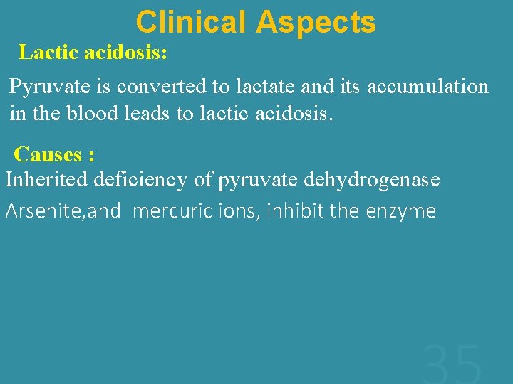 Clinical Aspects Lactic acidosis: Pyruvate is converted to lactate and its accumulation in the