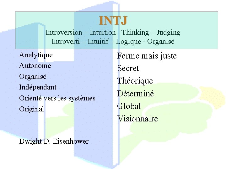 INTJ Introversion – Intuition –Thinking – Judging Introverti – Intuitif – Logique - Organisé