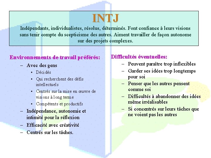 INTJ Indépendants, individualistes, résolus, déterminés. Font confiance à leurs visions sans tenir compte du