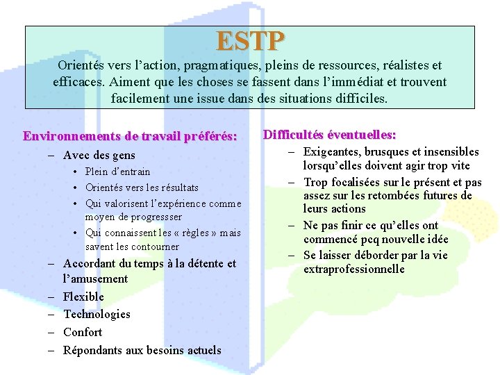 ESTP Orientés vers l’action, pragmatiques, pleins de ressources, réalistes et efficaces. Aiment que les