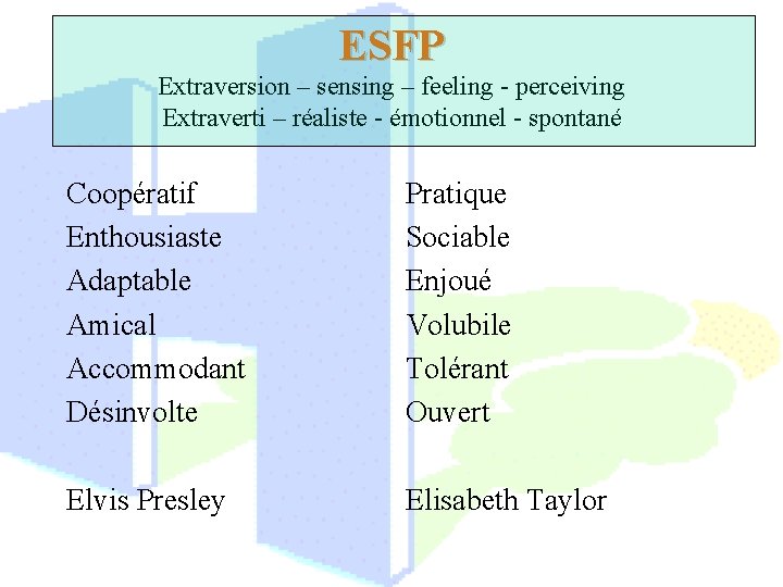 ESFP Extraversion – sensing – feeling - perceiving Extraverti – réaliste - émotionnel -