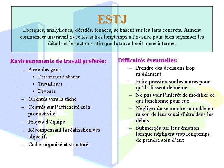 ESTJ Logiques, analytiques, décidés, tenaces, se basent sur les faits concrets. Aiment commencer un