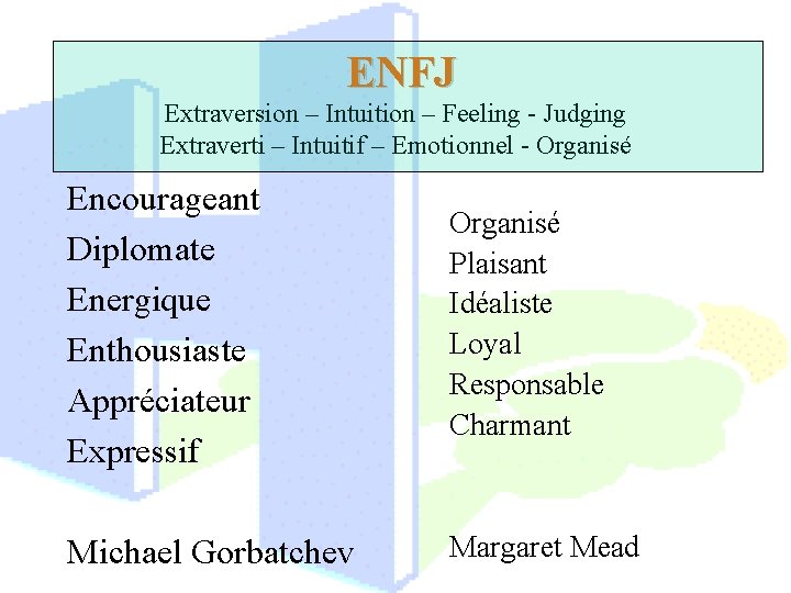 ENFJ Extraversion – Intuition – Feeling - Judging Extraverti – Intuitif – Emotionnel