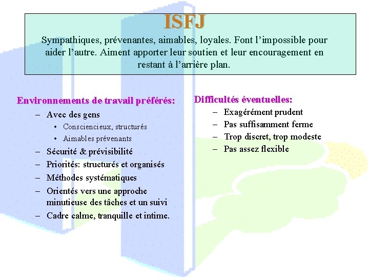 ISFJ Sympathiques, prévenantes, aimables, loyales. Font l’impossible pour aider l’autre. Aiment apporter leur soutien