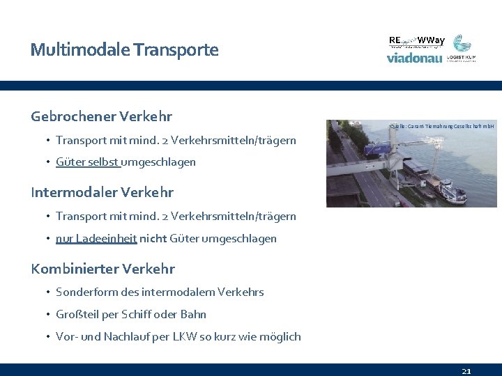 Multimodale Transporte Gebrochener Verkehr Quelle: Garant-Tiernahrung Gesellschaft mb. H • Transport mind. 2 Verkehrsmitteln/trägern